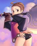  7th_dragon 7th_dragon_(series) adjusting_clothes adjusting_panties ass axe battle_axe bowieknife brown_eyes brown_hair buruma fighter_(7th_dragon) huge_weapon looking_back moiko_(7th_dragon) panties smile solo sunset underwear weapon white_panties 