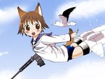  animal_ears bird brown_eyes brown_hair day drum_magazine flying gun highres lee_(colt) miyafuji_yoshika school_uniform seagull short_hair sky solo strike_witches striker_unit swimsuit swimsuit_under_clothes tail weapon world_witches_series 