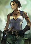  bad_id bad_pixiv_id belt black_hair bracelet breasts dark_skin earrings fingerless_gloves gloves headset jewelry knife large_breasts lowres necklace ponytail rarara resident_evil resident_evil_5 sheva_alomar solo tank_top tattoo 