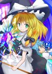  2girls bad_id bad_pixiv_id blonde_hair blue_eyes blue_hair bow cirno green_eyes hat kirisame_marisa multiple_girls short_hair touhou witch_hat yamaque 