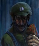  bccp bite_mark blue_background brown_eyes brown_hair closed_mouth clothes_writing facial_hair flipped_hair food green_hat green_shirt hair_between_eyes hat holding holding_food looking_at_viewer luigi male_focus mario_(series) muscle mushroom mustache portrait realistic shirt strap super_mario_bros. super_mushroom upper_body 