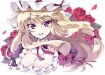  blonde_hair bow breasts cleavage face flower hair_bow large_breasts long_hair neck_ribbon open_mouth ribbon rose smile solo touhou touya_(the-moon) tsurime upper_body wind yakumo_yukari 