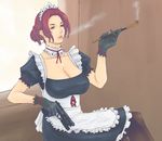  alva breasts copyright_request gloves gun handgun highres holding holding_gun holding_pipe holding_weapon kiseru large_breasts maid pantyhose pipe pistol smoking solo trigger_discipline weapon 