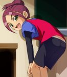  :d bent_over chalkboard green_eyes haruyama_kazunori jinzou_konchuu_kabutoborg_vxv looking_at_viewer open_mouth purple_hair red_hair shirt short_hair smile solo souma_tomoko t-shirt tareme 