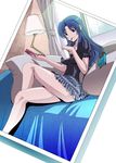  blue_eyes blue_hair cellphone couch crossed_legs cup food kawashima_ami lamp legs long_hair mouth_hold oobayashi_mori phone photo_(object) pillow pocky sitting skirt solo toradora! 
