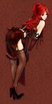 bare_shoulders bent_over bracelet elbow_gloves garter_straps gloves high_heels jewelry leaning_forward legs long_hair looking_back mabinogi opiu pelvic_curtain red_eyes red_hair rua shoes side_slit skirt solo thighhighs 