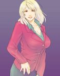  alva bad_id bad_pixiv_id blazer blonde_hair breasts brown_eyes cleavage copyright_request jacket large_breasts long_hair short_hair solo 