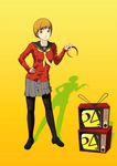  amagi_yukiko amagi_yukiko_(cosplay) blush cosplay highres hitogi pantyhose persona persona_4 satonaka_chie school_uniform short_hair skirt solo yasogami_school_uniform 