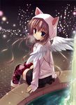  absurdres angel angel_wings animal_hood argyle argyle_legwear blue_eyes boots breath brown_hair cat_hood copyright_request fountain fur_trim highres hood hoodie long_hair looking_back muririn sitting skirt solo thighhighs wings zettai_ryouiki 