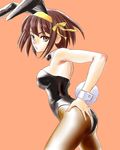  animal_ears ass bow bowtie brown_eyes brown_hair bunny_ears bunnysuit magashira_aki pantyhose short_hair solo suzumiya_haruhi suzumiya_haruhi_no_yuuutsu 