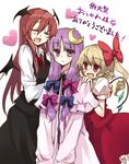  bad_id bad_pixiv_id bat_wings blonde_hair blush bow closed_eyes crescent crescent_hair_ornament fang flandre_scarlet hair_bow hair_ornament head_wings heart koakuma multiple_girls open_mouth patchouli_knowledge pink_bow purple_eyes purple_hair red_eyes red_hair ribbon smile touhou translated wings yatosaki_haru 