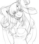  adjusting_hair armpits arms_behind_head arms_up bangs bare_shoulders breasts cleavage greyscale gundam gundam_seed hair_ornament hairclip hairu head_tilt lacus_clyne long_hair looking_at_viewer lowres medium_breasts monochrome no_bra no_nipples parted_bangs ribbon see-through sketch smile solo upper_body 