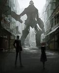  1girl big_o_(mecha) bob_cut city digital404 dress florist formal mecha pantyhose r_dorothy_wayneright red_hair road roger_smith short_hair street suit super_robot the_big_o vanishing_point 