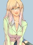  alva bad_id bad_pixiv_id blazer blonde_hair breasts cleavage copyright_request glasses green_eyes jacket large_breasts long_hair pointy_ears solo thighhighs 