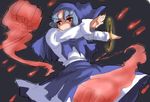  blue_hair bracelet clenched_hands hood jewelry kumoi_ichirin no_nose outstretched_arms red_eyes solo spread_arms touhou umakatsuhai unzan 