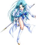  aqua_hair armor armored_dress artist_request boots copyright_request full_body gloves green_eyes highres long_hair open_mouth polearm solo spear transparent_background weapon 