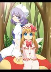  blonde_hair blue_eyes bow hat letterboxed letty_whiterock lily_white mikan_imo multiple_girls one_eye_closed purple_eyes purple_hair ribbon sitting touhou wings 