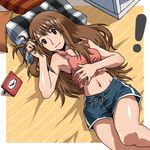  1girl analog_clock ayase_asagi bad_id bad_pixiv_id brown_eyes brown_hair clock hun long_hair lowres lying navel on_back pillow shorts solo tank_top yotsubato! 