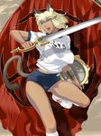  animal_ears blonde_hair blue_eyes buruma cat_ears final_fantasy final_fantasy_xi gym_uniform highres mithra schelz shield solo sword tail weapon 