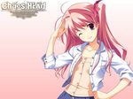  antenna_hair bow chaos;head duplicate lowres one_eye_closed one_side_up pink pink_hair ribbon sakihata_rimi salute solo 