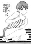 bangs barefoot blush breasts collarbone earrings eyebrows_visible_through_hair fate/stay_night fate_(series) feet fujimura_taiga greyscale jas jewelry monochrome short_hair shorts small_breasts soles solo striped_tank_top tank_top toes 