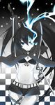  bad_id bad_pixiv_id belt bikini_top black_hair black_rock_shooter black_rock_shooter_(character) blue_eyes chain checkered hood hoodie katana long_hair midriff navel sasaki_kouhei scar shorts solo sword twintails uneven_twintails weapon zipper 