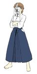  barefoot blue_hakama brown_hair crossed_arms fate/stay_night fate_(series) feet flat_color fujimura_taiga hakama japanese_clothes jas short_hair solo translated 