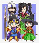  2girls black_hair blue_eyes circlet cosplay deborah deborah's_daughter deborah's_son dragon_quest dragon_quest_iii dragon_quest_v family fighter_(dq3) fighter_(dq3)_(cosplay) hat hero_(dq5) mage_(dq3) mage_(dq3)_(cosplay) merchant_(dq3) merchant_(dq3)_(cosplay) mole mole_under_eye multiple_boys multiple_girls roto roto_(cosplay) sword tonda turban twintails wand weapon witch_hat 