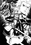  3boys archer armor artoria_pendragon_(all) berserker elehime fate/stay_night fate_(series) greyscale highres lancer monochrome multiple_boys saber sword weapon 