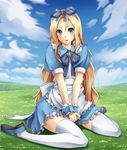  alice_(wonderland) alice_in_wonderland blonde_hair blue_dress blue_eyes blue_footwear blue_ribbon brooch cloud day dress field grass hair_ribbon jewelry long_hair maid mary_janes outdoors ribbon shoes sitting sky solo taiyou_(tori_no_su_studio) thighhighs wariza white_legwear wrist_cuffs zettai_ryouiki 