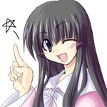 artist_request bangs black_eyes black_hair blush houraisan_kaguya japanese_clothes long_hair lowres one_eye_closed open_mouth pentagram pointing simple_background smile solo star touhou upper_body 