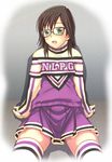  arm_support black_hair blush cheerleader e20 glasses green_eyes houzumi_satsuki jacket open_mouth original skirt solo sweat thighhighs track_jacket zettai_ryouiki 