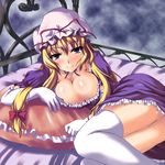  ass bed blonde_hair blush bow breasts cleavage downblouse elbow_gloves frilled_pillow frills gloves hair_bow hat johnny_(from_scratch) large_breasts long_hair lying no_panties on_side pillow purple_eyes smile solo thighhighs thighs touhou very_long_hair white_gloves white_legwear yakumo_yukari 