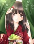  bad_id bad_pixiv_id bangs black_hair blunt_ends blush brown_eyes copyright_request curtains fingernails floral_print flower hair_flower hair_ornament hands_up japanese_clothes kimono long_hair looking_at_viewer nail_polish noren pink_nails print_kimono red_kimono solo upper_body wakami_satsuki 