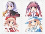  agnes_boulange blonde_hair blue_eyes blush carina_verritti chelsea_arcot earrings feathers gloves hat highres jewelry ko~cha lavender_hair long_hair looking_back minette multiple_girls orange_eyes pink_eyes pink_hair purple_eyes short_hair short_twintails shukufuku_no_campanella smile sword twintails wallpaper weapon witch_hat 