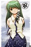  arms_behind_back bad_id bangs bare_shoulders black_eyes blue_ribbon blue_skirt breasts buttons closed_mouth collared_shirt detached_sleeves eyebrows_visible_through_hair frog_hair_ornament green_hair hair_ornament hair_tubes hana_(hana_mo_arashi_mo) kochiya_sanae long_hair looking_at_viewer medium_breasts one_eye_closed ribbon ribbon-trimmed_sleeves ribbon_trim shirt skirt smile snake_hair_ornament solo touhou translation_request white_shirt 