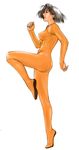  bodysuit breasts brown_hair copyright_request from_side full_body grey_hair kyoukai leg_up medium_breasts orange_bodysuit simple_background skin_tight solo white_background 