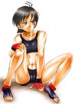  abs antenna_hair bad_id bad_pixiv_id bike_shorts black_hair cameltoe fingerless_gloves fukushima_nyuugyou_inc gloves grey_eyes highres idolmaster idolmaster_(classic) idolmaster_1 kikuchi_makoto looking_away midriff muscle short_hair simple_background sitting solo sports_bra toes tomboy 