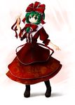  boots bow dress front_ponytail green_eyes green_hair hair_bow hair_ribbon kagiyama_hina looking_at_viewer pointing red_dress ribbon solo standing touhou tsubasa_(abchipika) 