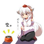  animal_ears bowl detached_sleeves hat hungry inubashiri_momiji kneeling mikan_imo pet_bowl red_eyes solo stomach_growling tail tears tokin_hat touhou translated white_hair wolf_ears wolf_tail 
