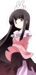  :3 arata_toshihira arms_behind_back black_hair bunny hime_cut houraisan_kaguya inaba_of_the_moon_and_inaba_of_the_earth japanese_clothes long_hair object_on_head simple_background smile solo touhou |_| 