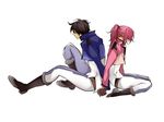  1girl bad_id bad_pixiv_id celestial_being_uniform couple feldt_grace gundam gundam_00 hetero jacket pink_hair ponytail setsuna_f_seiei uniform yone_(kaguudou) 