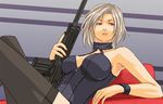  alva breasts copyright_request corset grey_hair gun large_breasts purple_eyes short_hair solo thighhighs weapon 