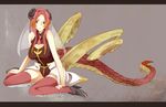  :&lt; bad_id bad_pixiv_id breasts cleavage dragon_girl dragon_tail earrings green_eyes horns jewelry large_breasts letterboxed long_hair monster_girl nanao_(mahaya) necktie original pink_hair red_hair sitting solo tail thighhighs wariza 