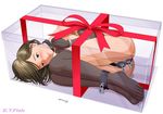  1girl artist_request bdsm black_legwear blush bondage bound bow box character_request chastity_belt collar cuffs dildo_harness e.t.fish elbow_gloves gift gloves handcuffs in_container lock ribbon source_request thighhighs 