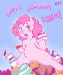  blue_eyes blush cake cold-blooded-twilight cutie_mark dessert english_text equine female feral food friendship_is_magic fur hair horse looking_at_viewer mammal my_little_pony nude open_mouth pie pink_fur pink_hair pinkie_pie_(mlp) plain_background pony pussy solo strawberry text 