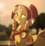  amber_eyes blonde_hair bonnet braided_hair cutie_mark dennybutt depth_of_field equine female friendship_is_magic granny_smith_(mlp) hair horse mammal my_little_pony outside pigtails pony scarf smile solo standing tree young 