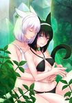  animal_ears bare_shoulders bikini black_bikini black_hair blue_eyes blush breasts cat_ears cat_tail closed_eyes facial_mark final_fantasy final_fantasy_xiv hug hug_from_behind jewelry medium_breasts miqo'te multiple_girls short_hair single_earring smile swimsuit tail takatsuki_kahiro white_bikini white_hair 