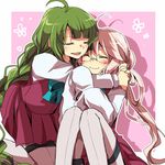  bad_id bad_pixiv_id blush braid closed_eyes glasses green_hair hug kantai_collection long_hair makigumo_(kantai_collection) multiple_girls open_mouth pantyhose pink_hair purple_legwear purple_skirt ribbon sakura_(lilak_a) school_uniform single_braid sitting skirt sleeves_past_fingers sleeves_past_wrists smile twintails very_long_hair yuugumo_(kantai_collection) 