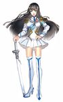  bad_id bad_pixiv_id black_hair blue_eyes boots epaulettes full_body hand_on_hip highres junketsu katsu_ryouji kill_la_kill kiryuuin_satsuki long_hair parted_lips planted_sword planted_weapon skirt solo standing sword thigh_boots thighhighs weapon white_background white_legwear white_skirt 